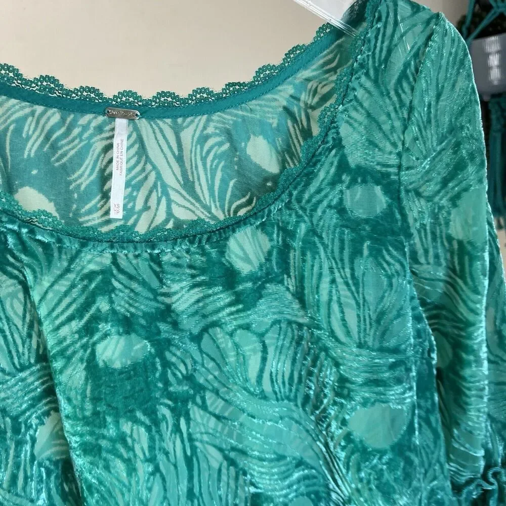 Free People Green zen garden peacock velvet Tunic mini dress Ruffles XS - Picture 5 of 8